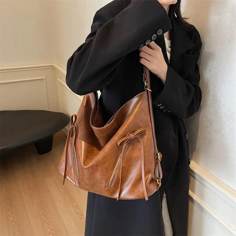 Large Leather Shoulder Bags Bow Zipper Outer Pockets Women Solid Backpacks