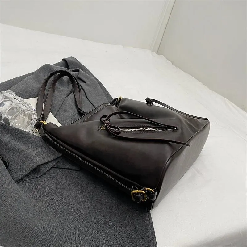 Large Leather Shoulder Bags Bow Zipper Outer Pockets Women Solid Backpacks