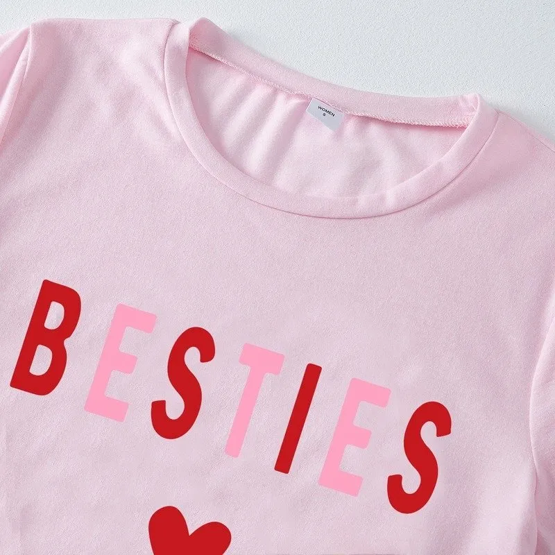 Letter Print  Round Neck Pink T-shirts for Mom and Me