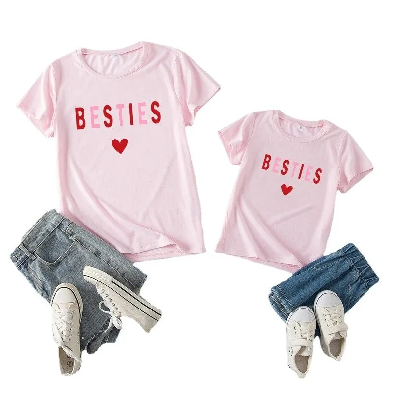 Letter Print  Round Neck Pink T-shirts for Mom and Me