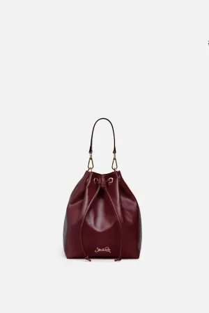 Madison Drawstring Leather Bucket Bag in Maroon Burgundy