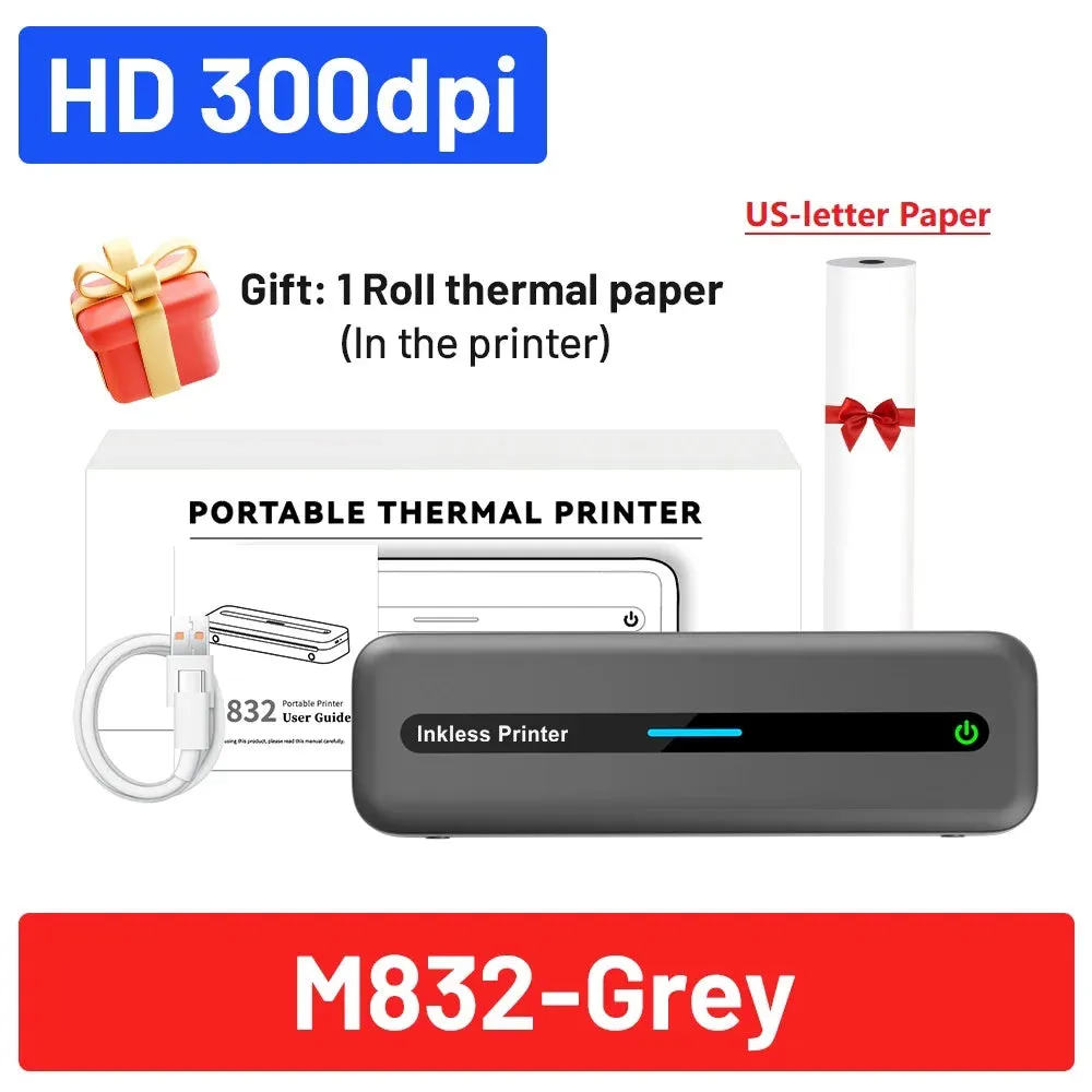 Phomemo US-letter Portable Thermal Printer M832 300dpi Inkless Travel Printer Wireless Bluetooth to iOS Android Phone Laptop