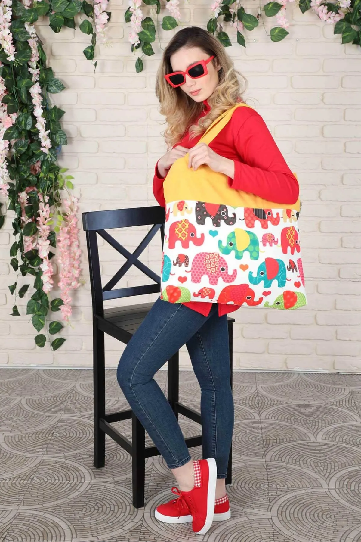 Polyester Hand Shoulder Bag for Women Tote Bag Casual Daily Bag Elephant Patterned Fabric Large Capacity,C-2B