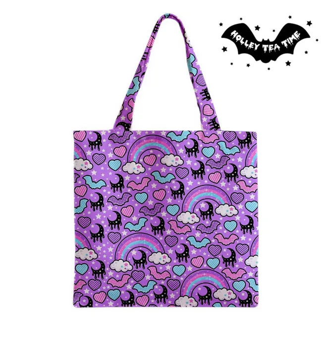 Rainbow Spooky Bats Purple Tote Bag [Made To Order]