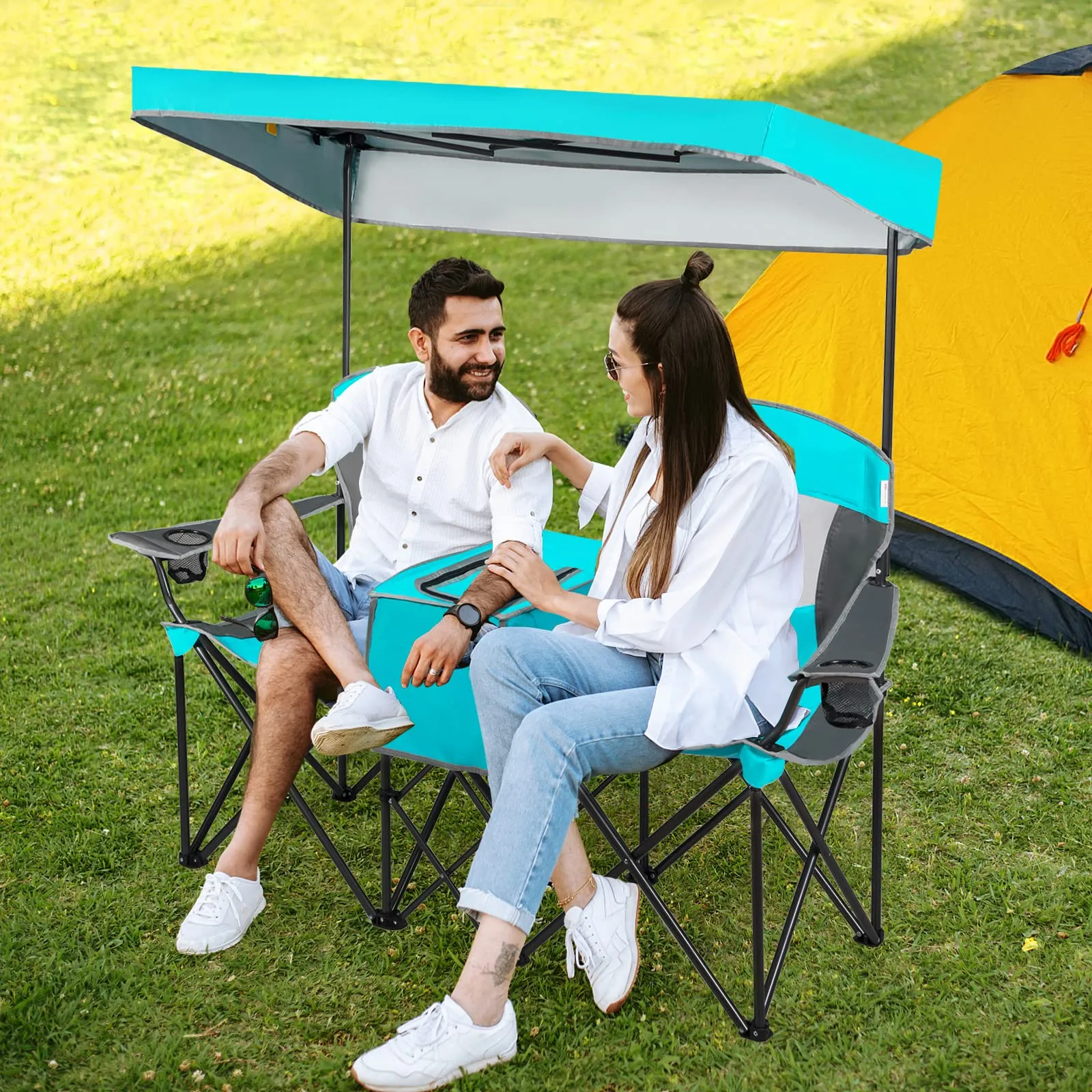 Tangkula Loveseat Camping Chair with Adjustable Shade Canopy