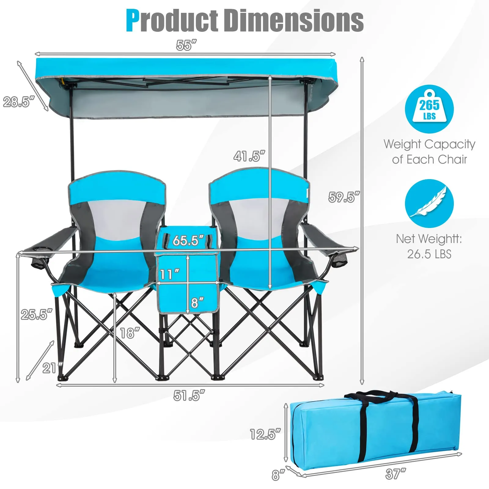 Tangkula Loveseat Camping Chair with Adjustable Shade Canopy