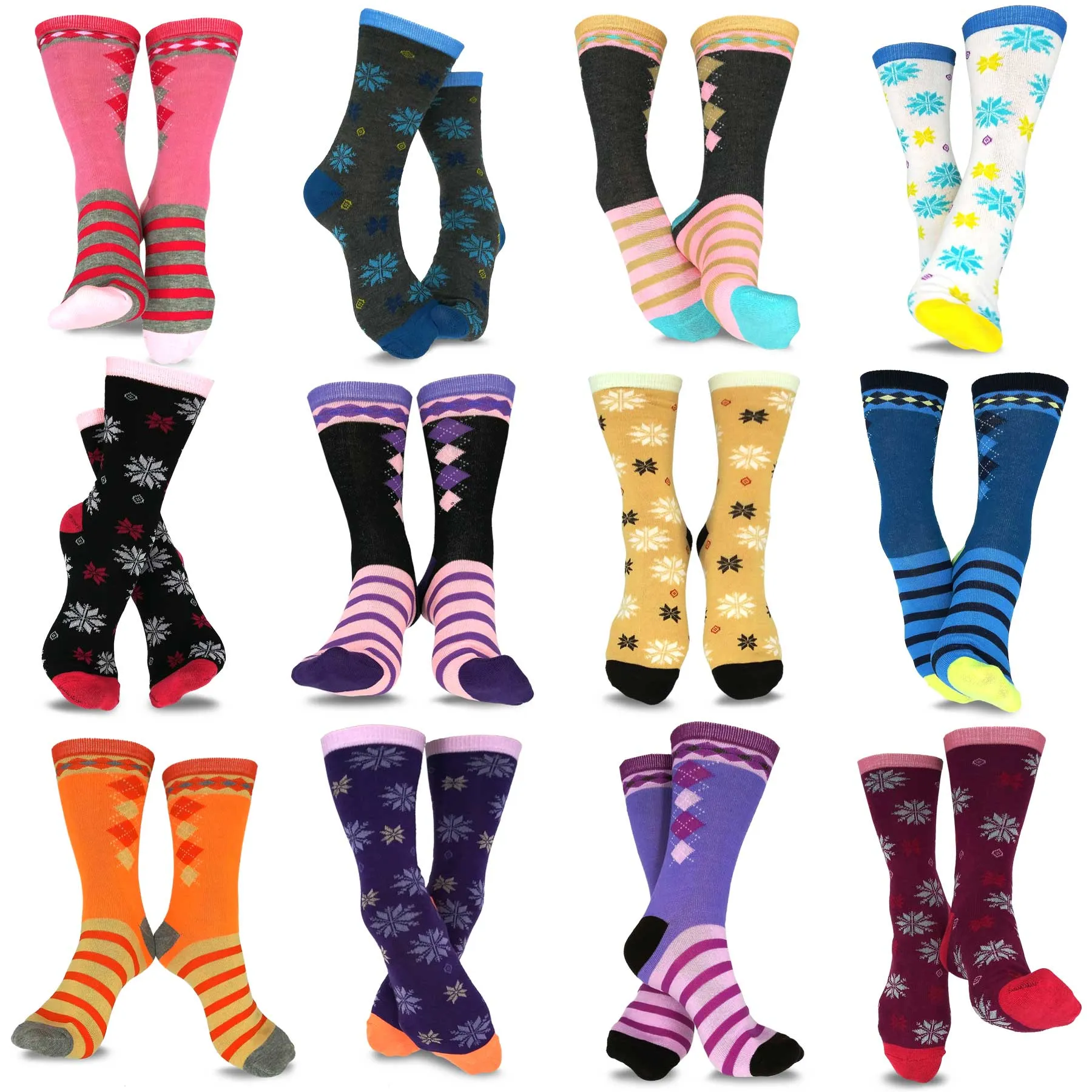 TeeHee Socks Women's Casual Polyester Crew Snowflake 12-Pack (1163536)