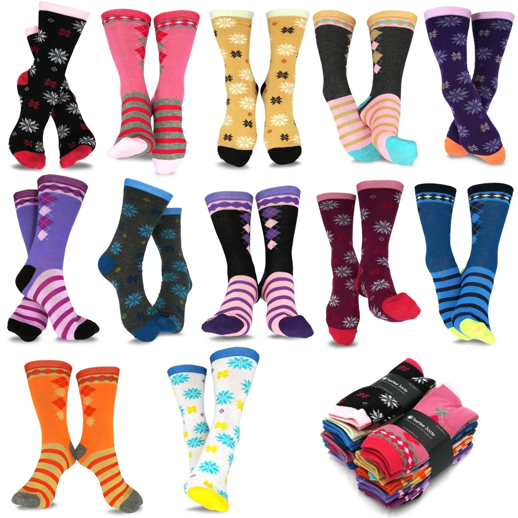 TeeHee Socks Women's Casual Polyester Crew Snowflake 12-Pack (1163536)