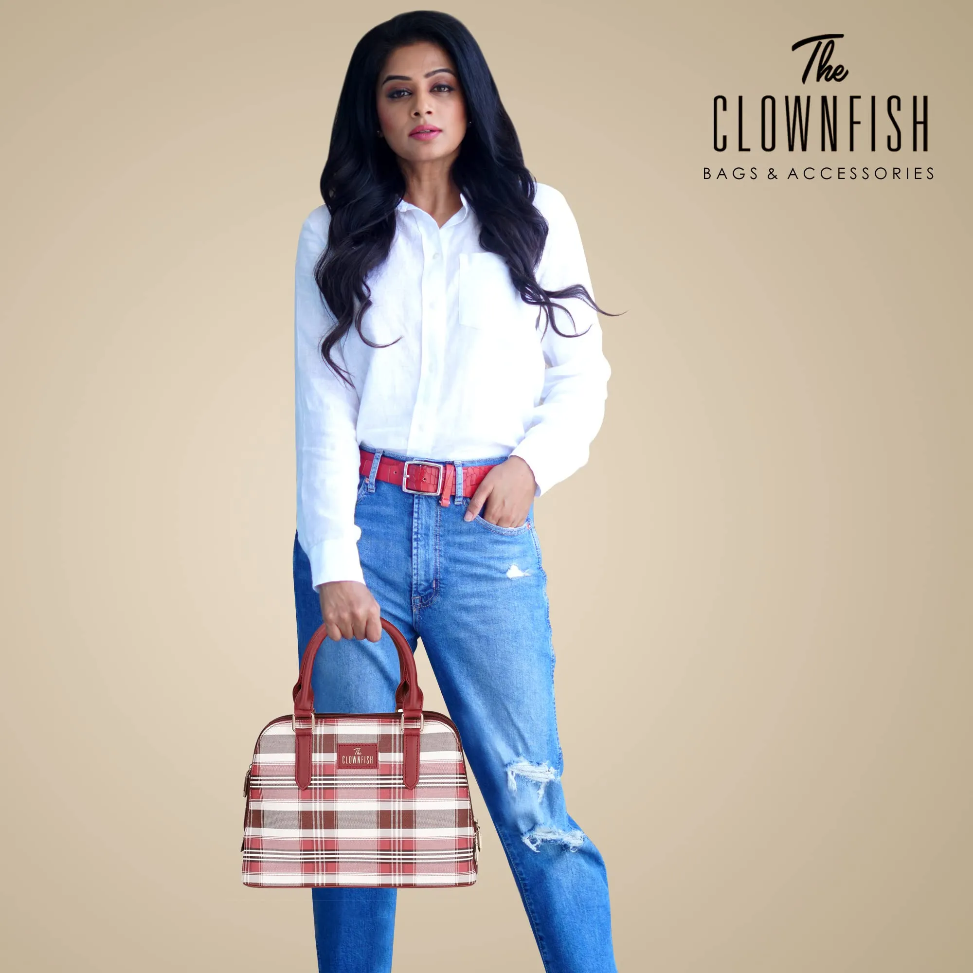 THE CLOWNFISH Andrea Handbag for Women Office Bag Ladies Shoulder Bag Tote For Women College Girls-Checks Design (Maroon)