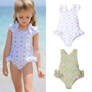 Toddler/Kid Girl Floral   Hearts Print One-Piece Swimsuit (2 Designs)