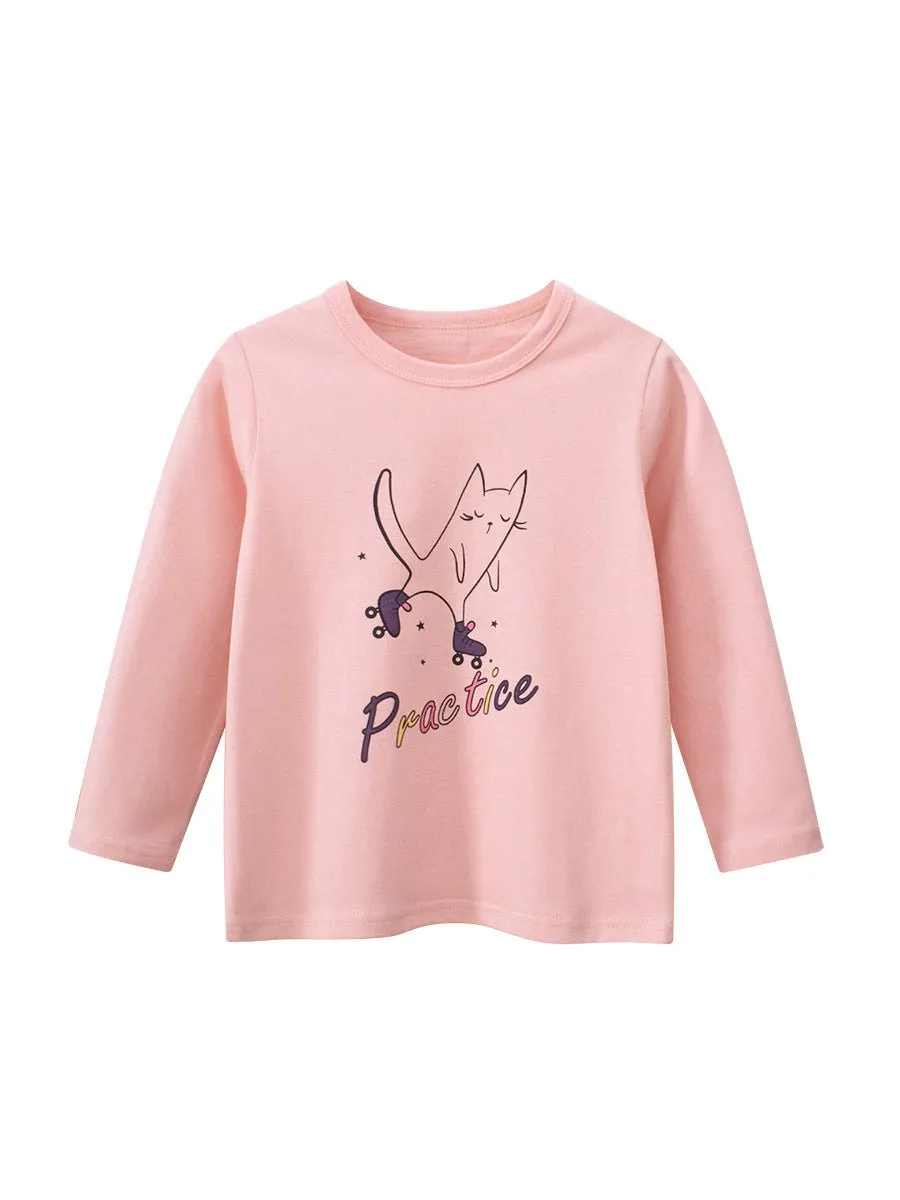 Toddler/Kid Girl Skating Cat Print Pink Long Sleeve Shirt