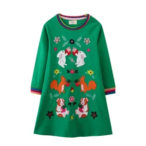 Toddler/Kid Girl's Animal Design Long Sleeve Green Dress