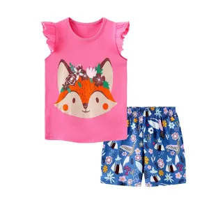 Toddler/Kid Girl's Cartoon Fox Print Design Tee with Shorts Set