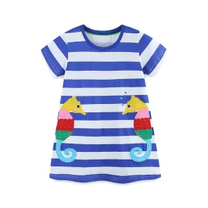 Toddler/Kid Girl's Cartoon Short Sleeve Striped Blue Dress