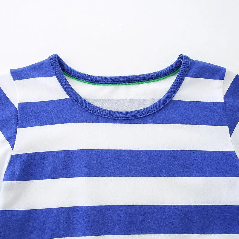 Toddler/Kid Girl's Cartoon Short Sleeve Striped Blue Dress