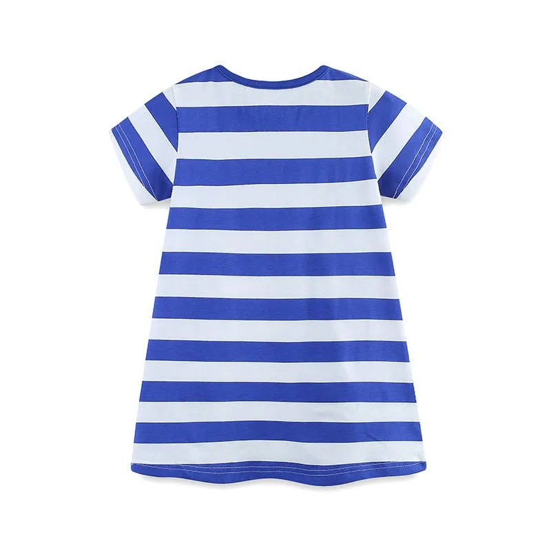 Toddler/Kid Girl's Cartoon Short Sleeve Striped Blue Dress