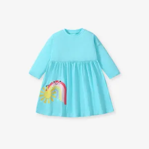 Toddler/Kid Girl's Long Sleeve Rainbow and Solar Design Blue Dress