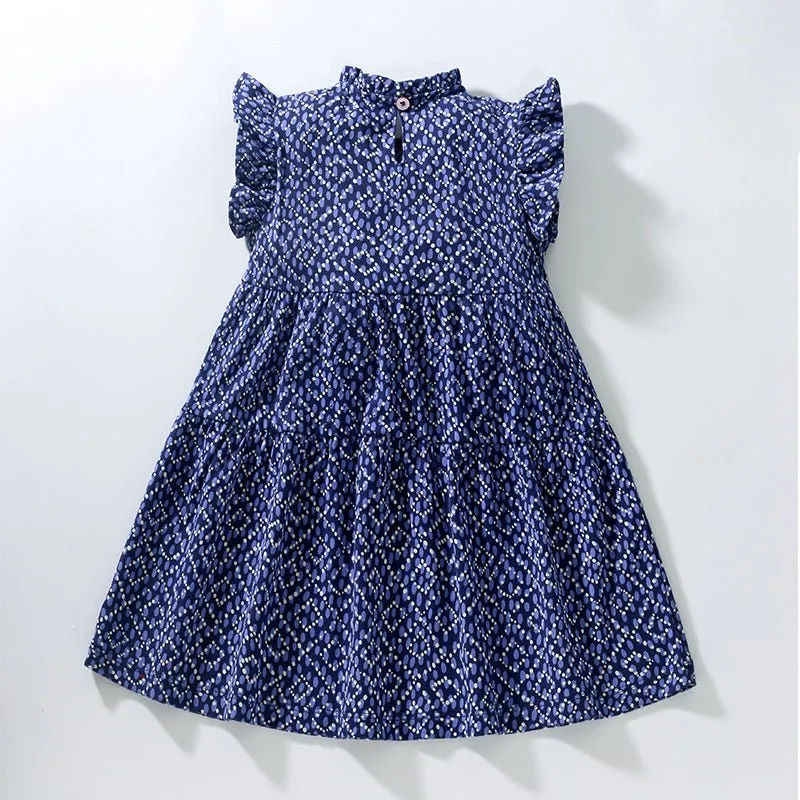 Toddler/Kid Girl's Lozenge Art Design Dark Blue Dress