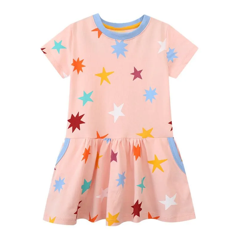 Toddler/Kid Girl's Short Sleeve Colorful Stars Print Design Pink Dress