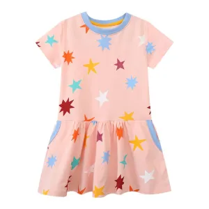 Toddler/Kid Girl's Short Sleeve Colorful Stars Print Design Pink Dress