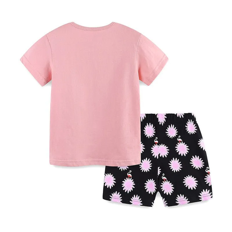 Toddler/Kid Girl's Swan Print Pink Top with Shorts Set