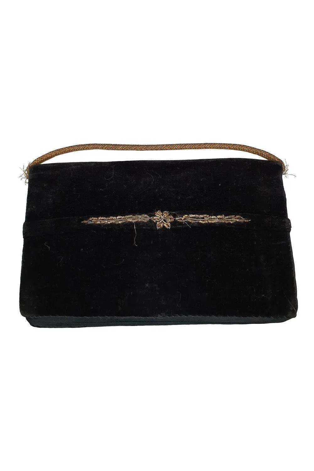 VINTAGE 1930s Black Velvet Embroidered Silver Gold Sunflower Style Zardozi Bag S