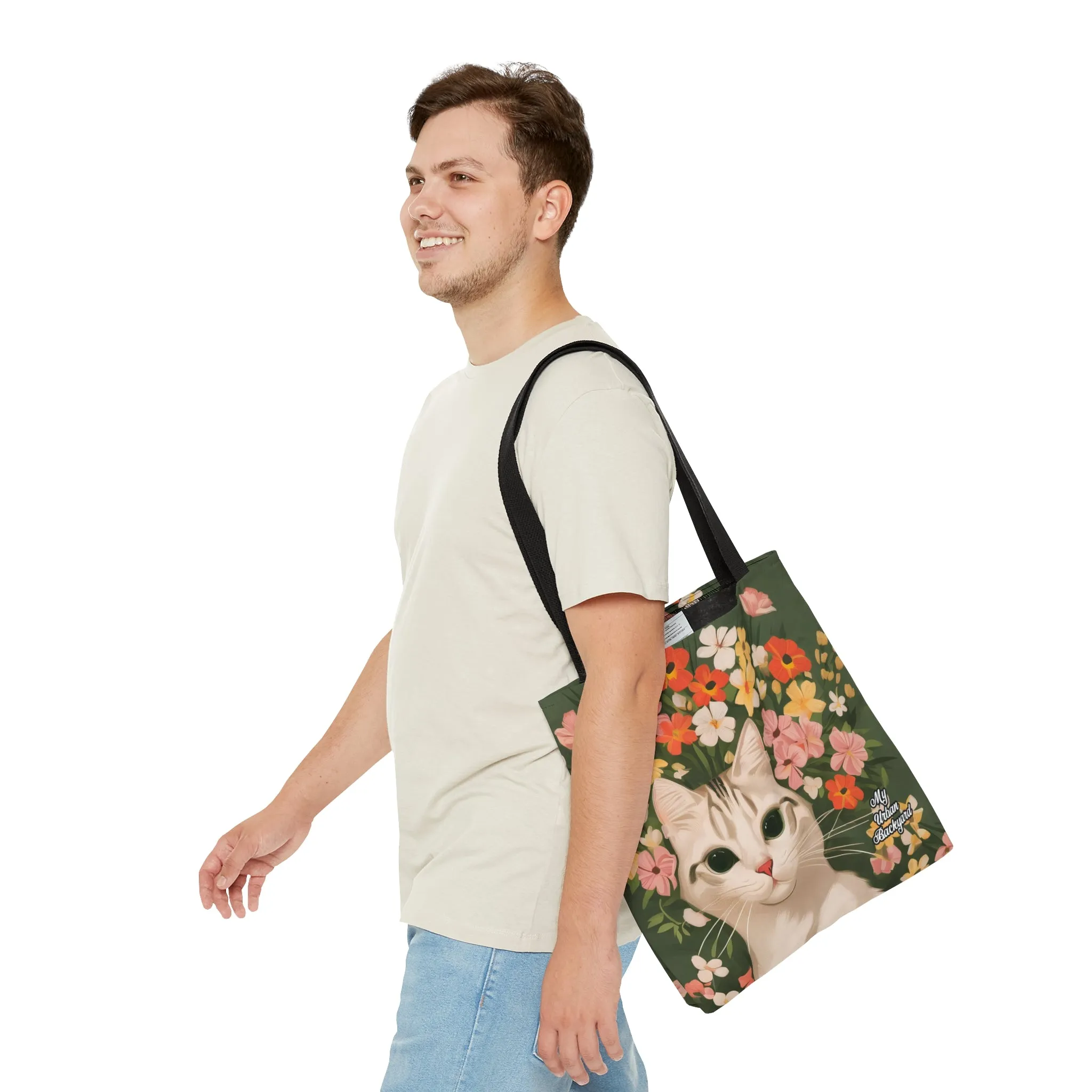 White Cat with Flowers, Tote Bag for Everyday Use - Durable and Functional