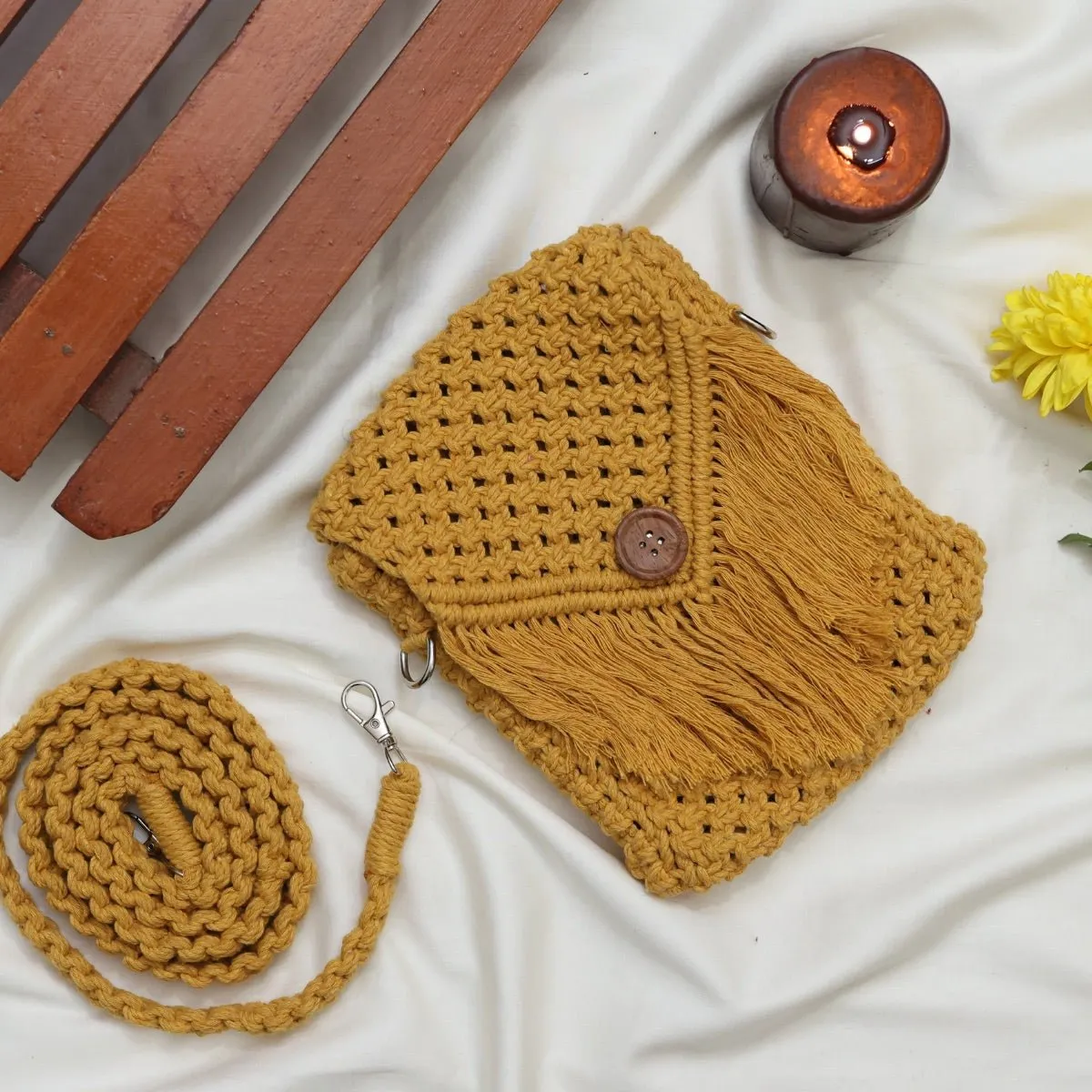 Yellow Macrame Mobile Sling Bag