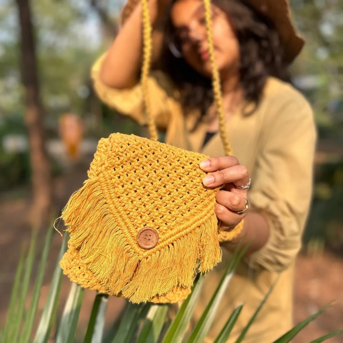 Yellow Macrame Mobile Sling Bag